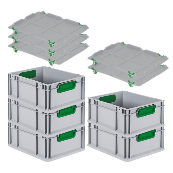 PROREGAL Spar Set 5x Eurobox Nextgen Color Mit Auflagedeckel & Schiebeschnappverschlüsse HxBxT 17 x 30 x 40 cm Griffe Grün Geschlossen Glatter Boden