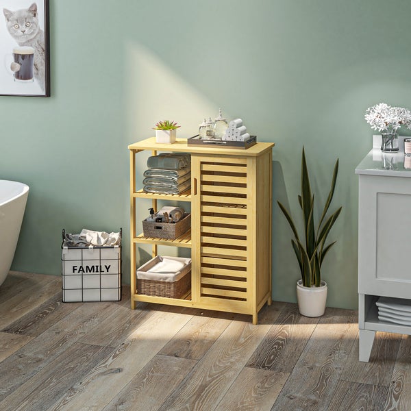 kleankin Badezimmerschrank Badschrank mit Schrankfach, 3 Offenen Ebenen, Toilettenschrank mit Kippschutz, Beistellschrank für Bad, Bambus, Natur, 66 x 33 x 87 cm