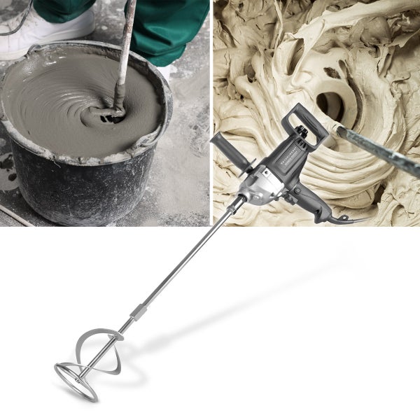 Mörtelrührer im Einsatz zum Anmischen von Mörtel in einem Eimer