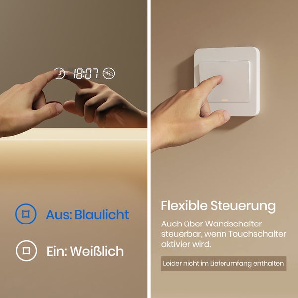 EMKE Smart LED Badspiegel 80x60 cm, 3 Farbtemperaturen, dimmbar, Touch, Anti-Beschlag, 3x Vergrößerung, Bluetooth 3-Tasten, horizontal, IP44, für Bad