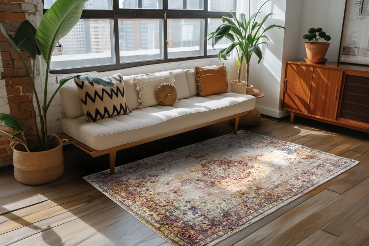 Wohnzimmer mit Teppich im Vintage Stil, Sofa, Pflanzen und Holzschrank vor einem großen Fenster in einem hellen, modernen Raum.