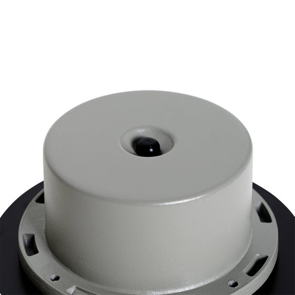 Graues zylindrisches Bauteil mit einem schwarzen Knopf in der Mitte und einem Montageflansch mit Schlitzen.