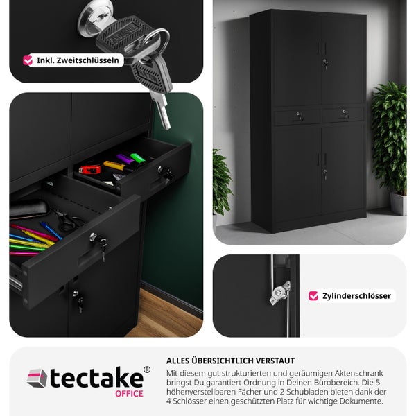 Aktenschrank tectake  180 x 80 x 40 cm aus pulverbeschichtetem Stahl schwarz/schwarz