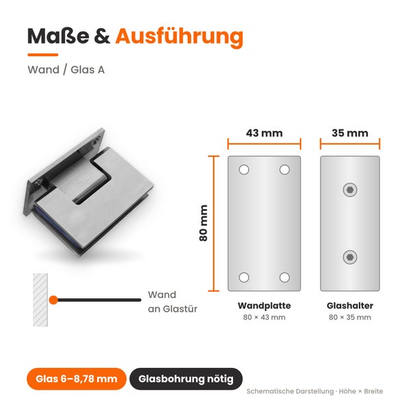 Technische Zeichnung mit Maßangaben für Wand zu Glastür Scharnier, geeignet für Glasstärken von 6 bis 8,78 Millimeter mit notwendiger Glasbohrung.