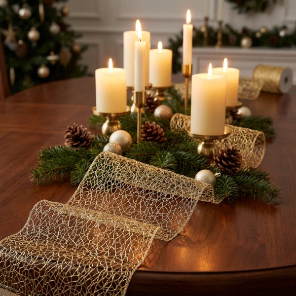 Weihnachtliche Tischdekoration mit brennenden Stumpenkerzen in goldfarbenen Haltern, Tannenzweigen, Zapfen, Kugeln und einem Netzband aus Draht.