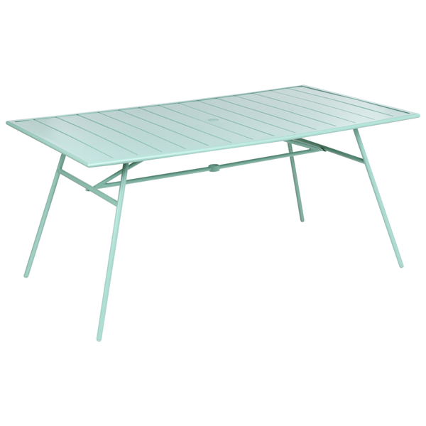 Rechteckiger Gartentisch aus Metall in Mintgrün mit Lattenstruktur und Sonnenschirmloch.