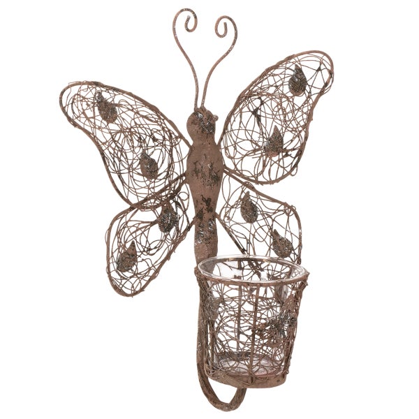 Wandwindlicht in Schmetterlingsform aus Metallgeflecht mit Glaseinsatz für Teelichter.