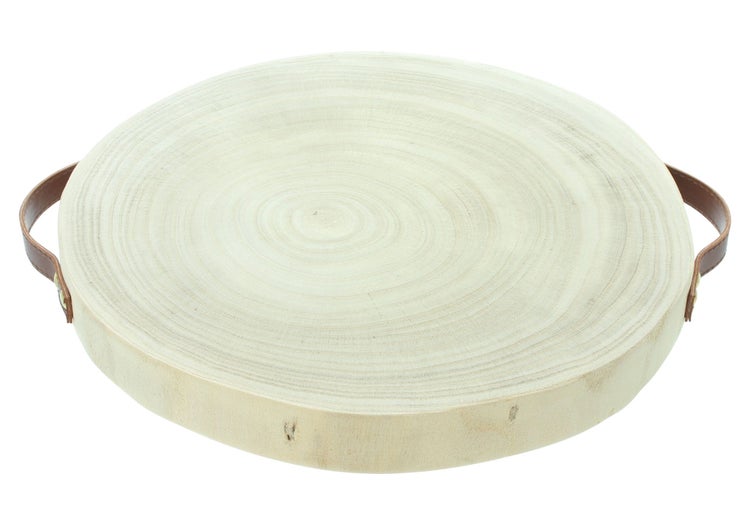 FRANK FLECHTWAREN | Holzscheibe Tablett, PAULOWNIA, KUNSTLEDER, METALL, Ø 30 x 3 cm
