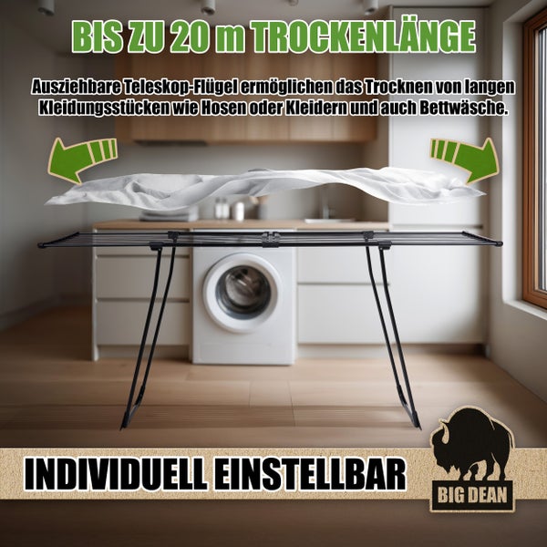 Wäscheständer mit Teleskopflügeln für bis zu 20 Meter Trockenlänge im Badezimmer.