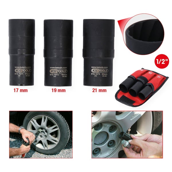 KS Tools Logo. Spiral-Profil-Kraft-Stecknuss-Satz, 3-teilig, mit Größenangaben von 17 bis 21 Millimeter.
