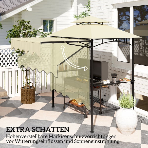 Grillpavillon mit Doppeldach und höhenverstellbarer Markise auf einer Terrasse, schützt Grill und Kochbereich vor Sonne und Witterung.