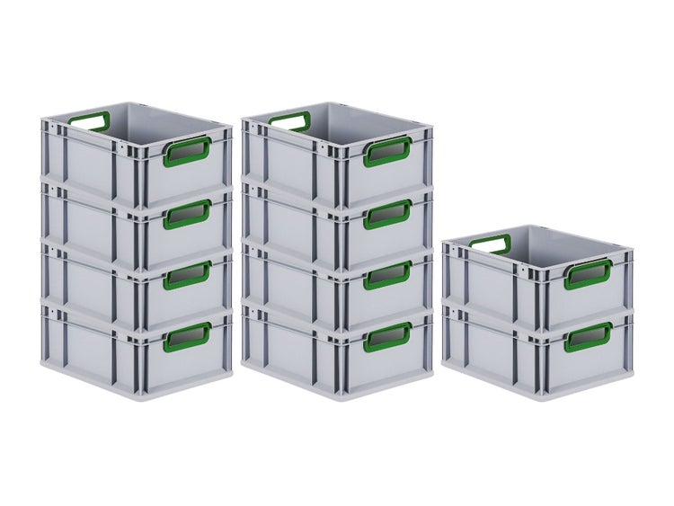 PROREGAL Spar Set 10x Eurobox Nextgen Color HxBxT 17 x 30 x 40 cm 16 Liter Griffe Grün Offen Glatter Boden Eurobehälter Transportbox