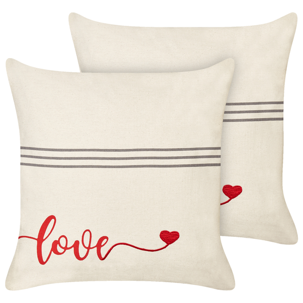 Dekokissen 2er Set PLUMERIA Baumwolle 45 x 45 cm Beige Mit Aufschrift
