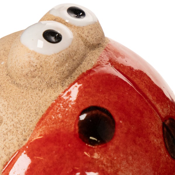 Detailansicht einer Keramik-Gartendekoration in Form eines Marienkäfers.