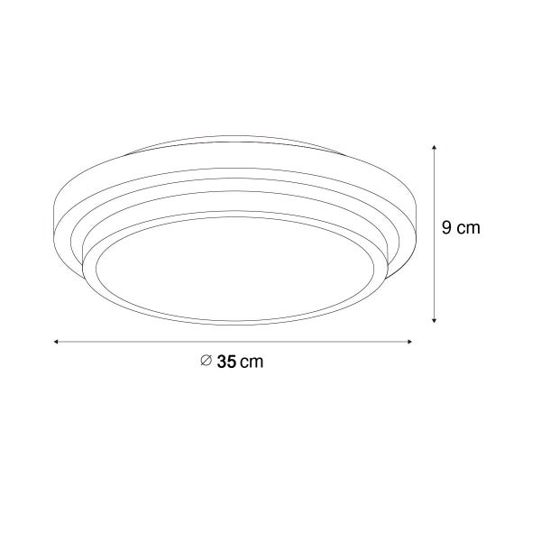 Technische Zeichnung einer runden Deckenleuchte mit einem Durchmesser von 35 Zentimeter und einer Höhe von 9 Zentimeter.