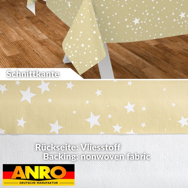 Tischdecke mit Sternenmuster, Schnittkante und Rückseite aus Vliesstoff. ANRO DEUTSCHE MANUFAKTUR Logo.