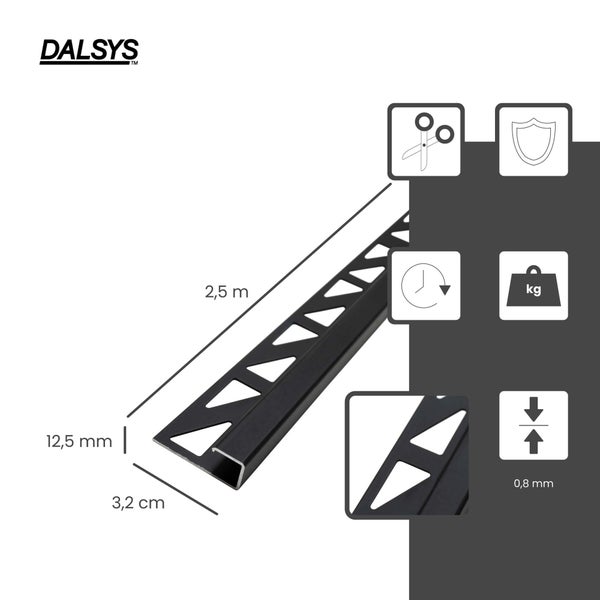 Dalsys Logo. Fliesenprofil, 2,5 Meter lang, 12,5 Millimeter hoch, 0,8 Millimeter Materialstärke. Symbole für zuschneidbar, langlebig und stabil.