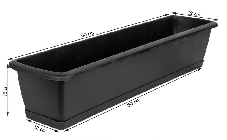 BigDean Blumenkasten mit Untersetzer 60 cm lang anthrazit - aus PP-Kunststoff - Balkon Pflanzkasten schmal Balkonkasten