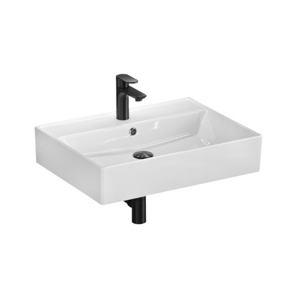 Waschtisch mit schwarzer Armatur und Ablaufgarnitur