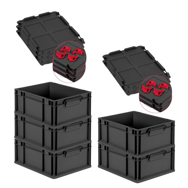 PROREGAL SparSet 5x Eurobox NextGen Grip mit Auflagedeckel inkl. 4 roten Schiebeschnappverschlüssen, HxBxT 17x30x40cm, 16 Liter, Schwarz, Griffe geschlossen, Eurobehälter, Transportbox, Transportbehälter, Stapelbehälter