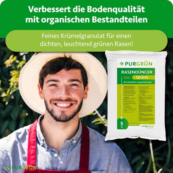 Lächelnder Gärtner mit Strohhut neben einem 5 Kilogramm Beutel Purgrün Rasendünger für circa 100 Quadratmeter. Purgrün Logo.