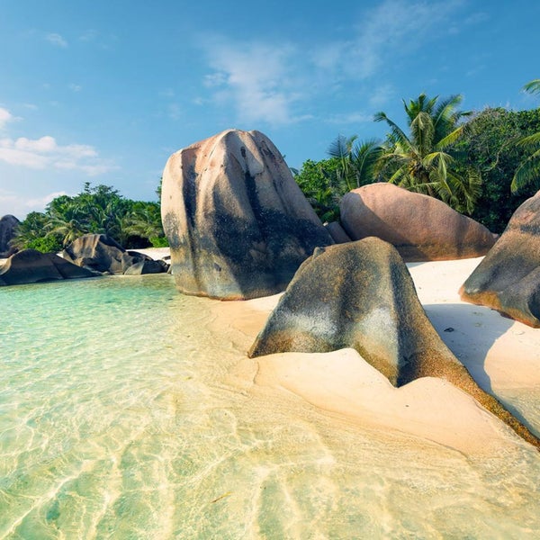 Strand mit Felsen, Sand und Vegetation