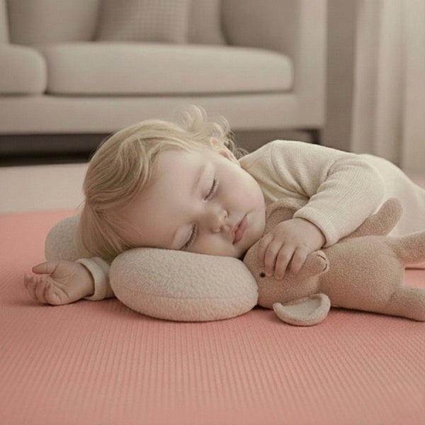 Schlafendes Kleinkind auf einer weichen Schaumstoff-Spielmatte mit Kuscheltier und Kissen im hellen Kinderzimmer.