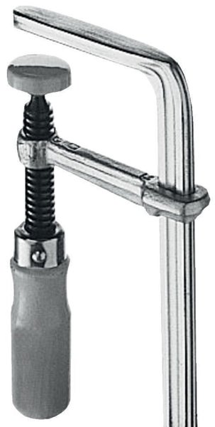 Schraubzwinge aus Metall mit Holzgriff