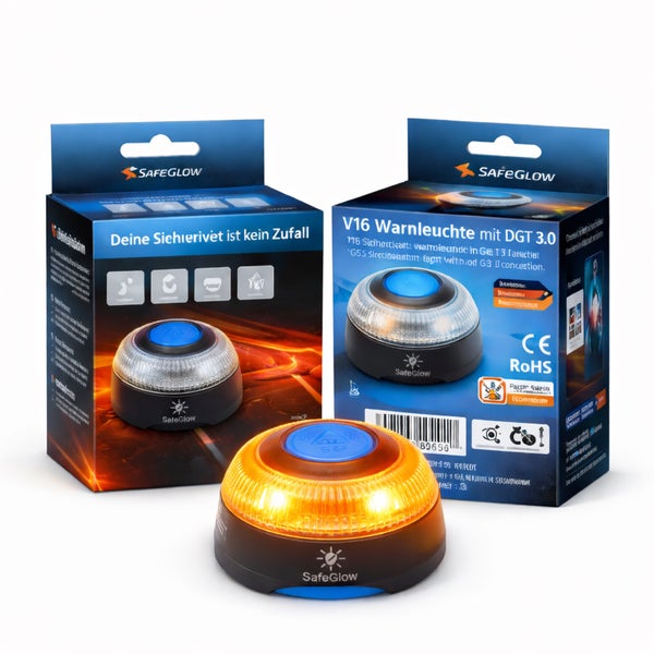 SafeGlow V16 Warnleuchte mit Verpackung