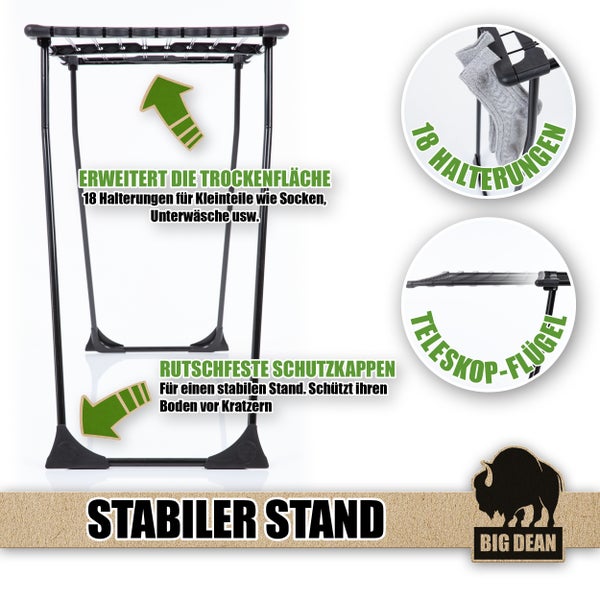Freistehender Wäscheständer mit 18 Halterungen und Teleskopflügeln für stabilen Stand