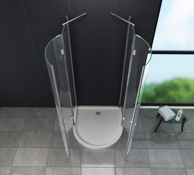 Offene Duschkabine mit Eckeinstieg und Duschwanne im Badezimmer