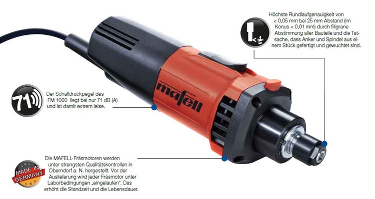 Mafell Fräsmotor FM 1000 mit technischer Erläuterung zur Rundlaufgenauigkeit, Schalldruckpegel und Herkunft Made in Germany.