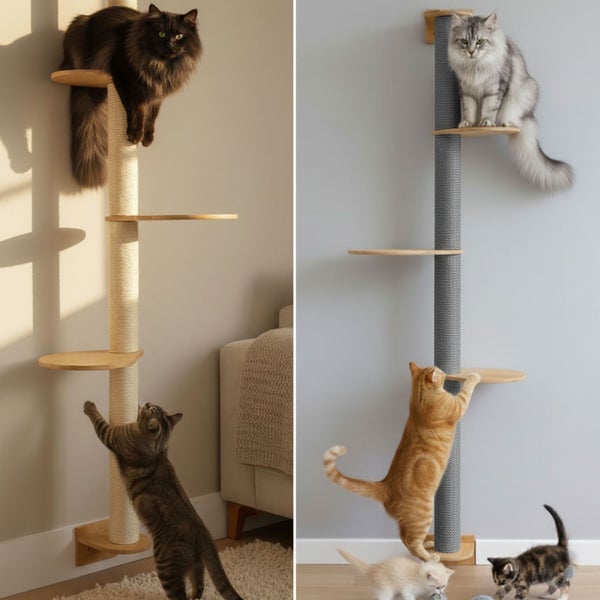 Wandkratzbaum mit Sisalstamm und Holzplattformen zur Wandmontage für Katzen, inklusive zwei Varianten zur Ansicht.