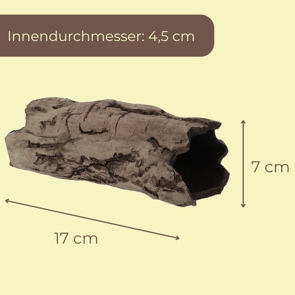 Aquarium-Dekoration Baumstamm, hohl, Maße: Länge 17 Zentimeter, Höhe 7 Zentimeter, Innendurchmesser 4,5 Zentimeter.