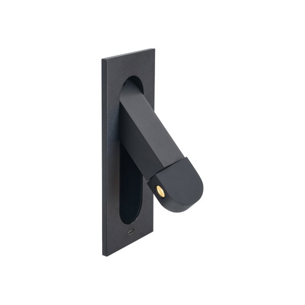 Schwarze Wandleuchte aus Metall als Leseleuchte mit ausklappbarem Kopf und Ladeanschluss.