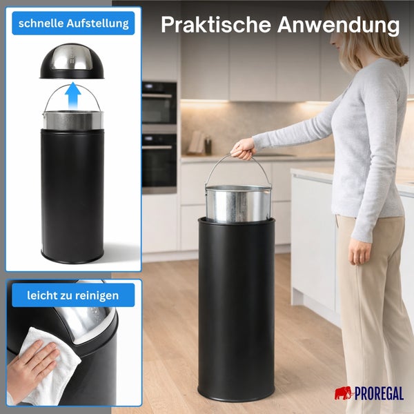 Schwarzer Mülleimer mit herausnehmbarem Metalleimer in einer Küche, einfache Reinigung und schnelle Aufstellung, Proregal Logo.