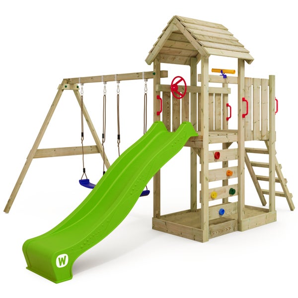 WICKEY Spielturm Klettergerüst MultiFlyer Holzdach mit Schaukel und Rutsche, Kletterturm mit Holzdach, Sandkasten, Leiter und Spiel-Zubehör - apfelgrün
