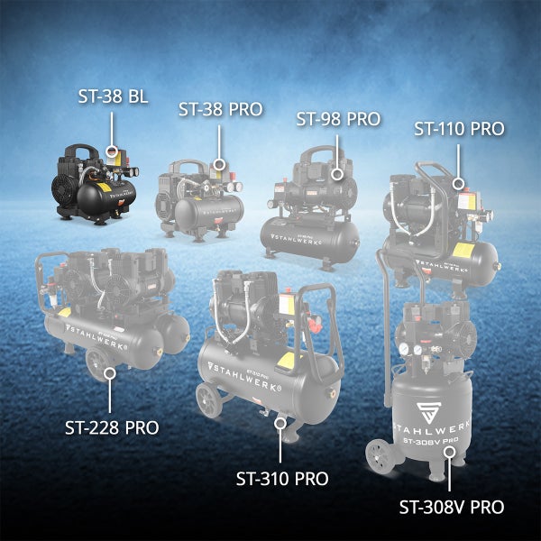 Übersicht verschiedener Stahlwerk Luftkompressoren: Modelle ST-38 BL, ST-38 PRO, ST-98 PRO, ST-110 PRO, ST-228 PRO, ST-310 PRO und ST-308V PRO.
