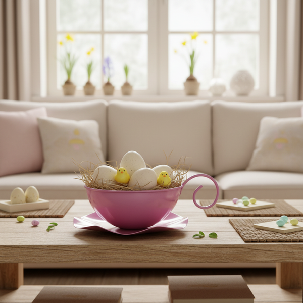 Osterdekoration im Wohnzimmer: Eine große Tasse auf einem Holztisch, gefüllt mit Heu, Eiern und Küken vor einem Sofa und hellem Fenster.