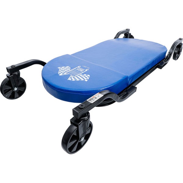 Blaues gepolstertes Rollbrett für Werkstattarbeiten mit sechs Lenkrollen und Kopfstütze von BGS.