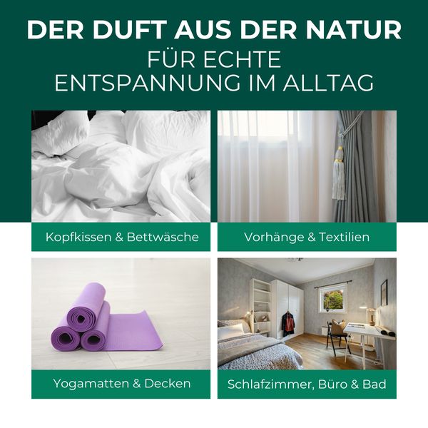 Übersichtsbild mit Anwendungsbeispielen für Duftprodukte: Kopfkissen, Bettwäsche, Vorhänge, Textilien, Yogamatten, Schlafzimmer und Arbeitszimmer.