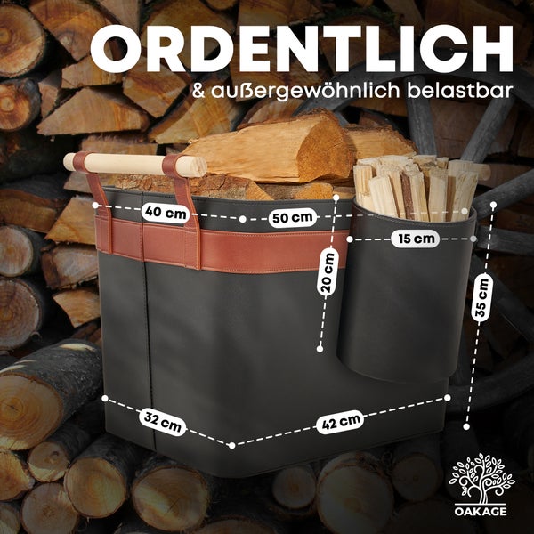 OAKAGE® LuxeLeather Duo Holzkorb Veganes Leder - mit ausreißsicheren Holzgriffen - 50x40x35cm