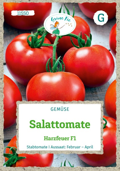 Samentüte Salattomate Harzfeuer F1, Grüne Fee Logo, rote Tomaten. Stabtomate zur Aussaat von Februar bis April.