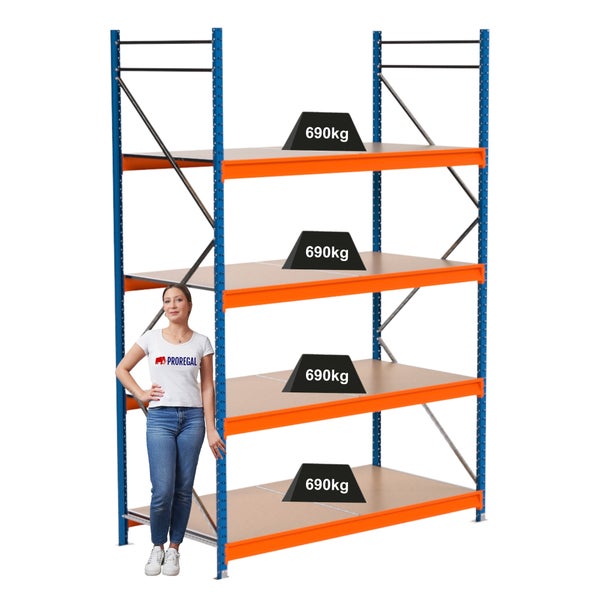 Blaues und oranges Schwerlastregal mit vier Ebenen und einer Traglast von 690 kg pro Ebene