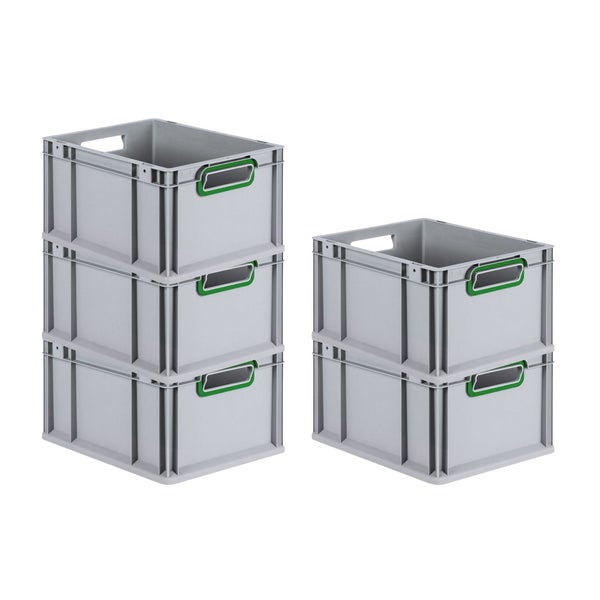 PROREGAL Spar Set 5x Eurobox Nextgen Color HxBxT 22 x 30 x 40 cm 20 Liter Griffe Grün Offen Glatter Boden Eurobehälter Transportbox