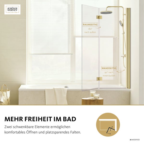 Schöner Wohnen Kollektion Badewannenfaltwand aus Glas mit schwenkbaren Elementen und Duschsystem in einem modernen Badezimmer.