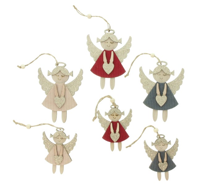 FRANK FLECHTWAREN | Hänger Engel, 6er Set, H: 10 cm, H: 13 cm, HOLZ, CORD
