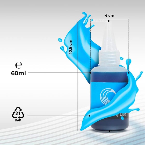 Flasche mit Farbe, Inhalt 60 Milliliter, Höhe 10,5 Zentimeter und Breite 4 Zentimeter, inklusive Recycling-Symbol.
