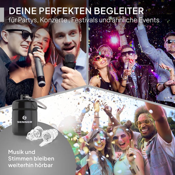 Senner ® PartyPro | Gehörschutz für Musik & Musiker - Ohrstöpsel für Festivals, Konzerte, Partys und Discos - transparente Party Earplugs mit 18 dB Lärmreduzierung - mit Alubehälter