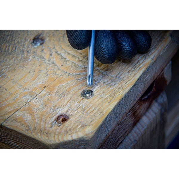 Hand mit Arbeitshandschuh setzt einen Torx-Schraubendreher in eine Schraube in einem Holzbrett ein.